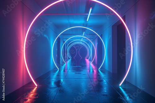 Wallpaper Mural Glowing neon circles of pink, blue, and purple intertwined together floating in an empty black void, creating a soothing, meditative, and tranquil minimalist art piece Torontodigital.ca