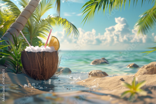 Relaxing beach getaway with a piña colada tropical cocktail decorated with pineapple and coconut on a sandy shore with turquoise water and palm trees in the distance.