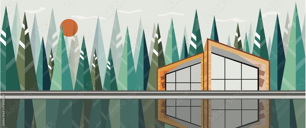 Flat illustration. Forest landscape concept. Illustration of a coniferous forest with a house, a lake, a spruce tree, a river, and a beautiful view. Perfect for banner, background or poster... Flat illustration. Forest landscape concept. Illustration of a coniferous forest with a house, a lake, a spruce tree, a river, and a beautiful view. Perfect for banner, background or poster...