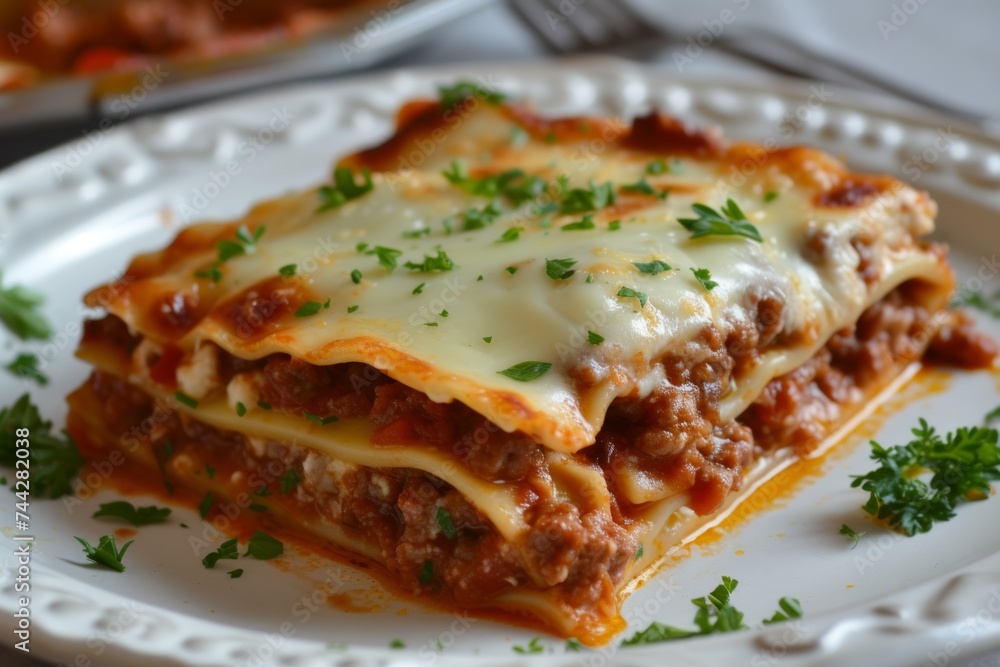 Baked lasagna with a golden brown crust, layers of sauce and pasta are visible. Baked lasagna with a golden brown crust, layers of sauce and pasta are visible.