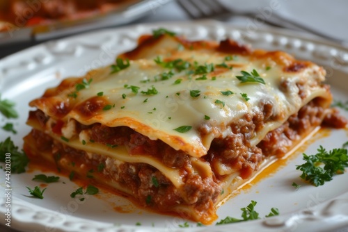 Baked lasagna with a golden brown crust, layers of sauce and pasta are visible.