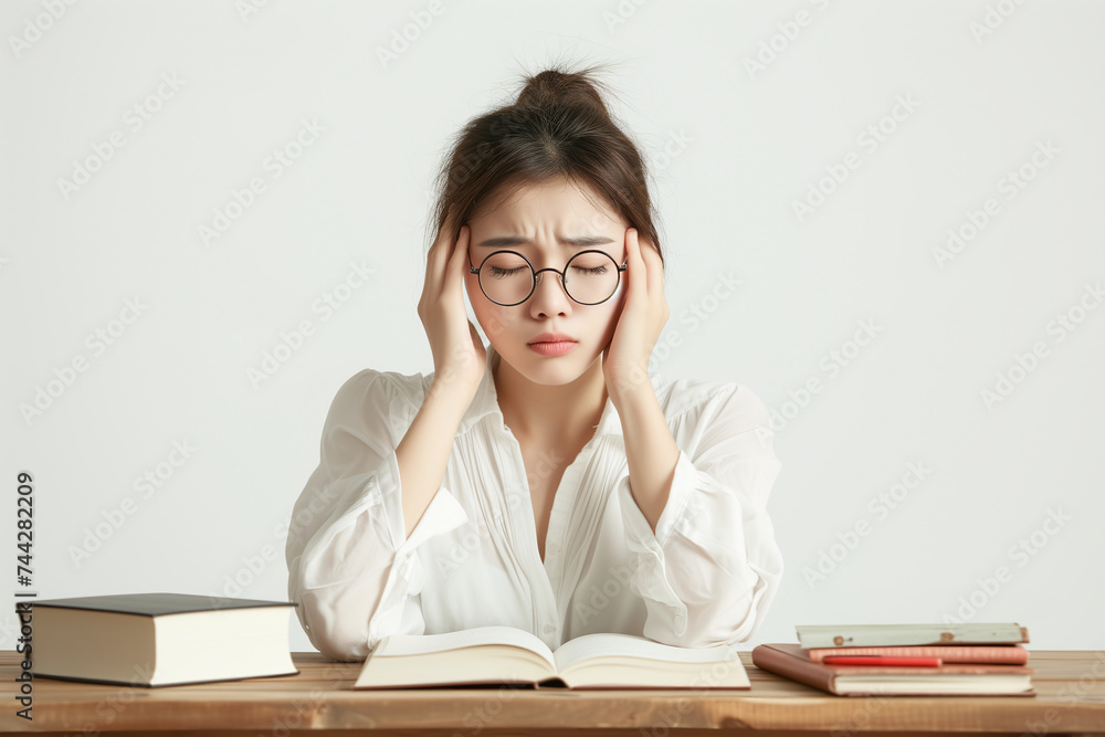 Overwhelmed Student Studying with Books and Notes Overwhelmed Student Studying with Books and Notes