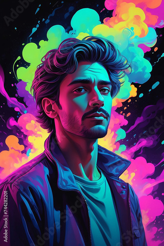 A vibrant caricature of a man surrounded by a lively environment filled with bright colors.