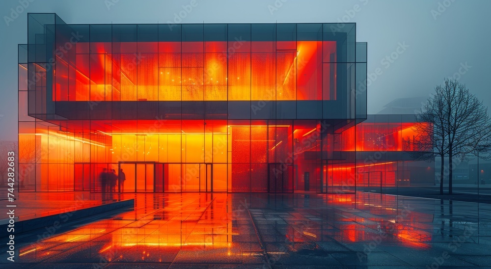 Amber hues illuminate the sky as the outdoor building glows with red lights, creating a captivating display of artistic reflection on a dark night