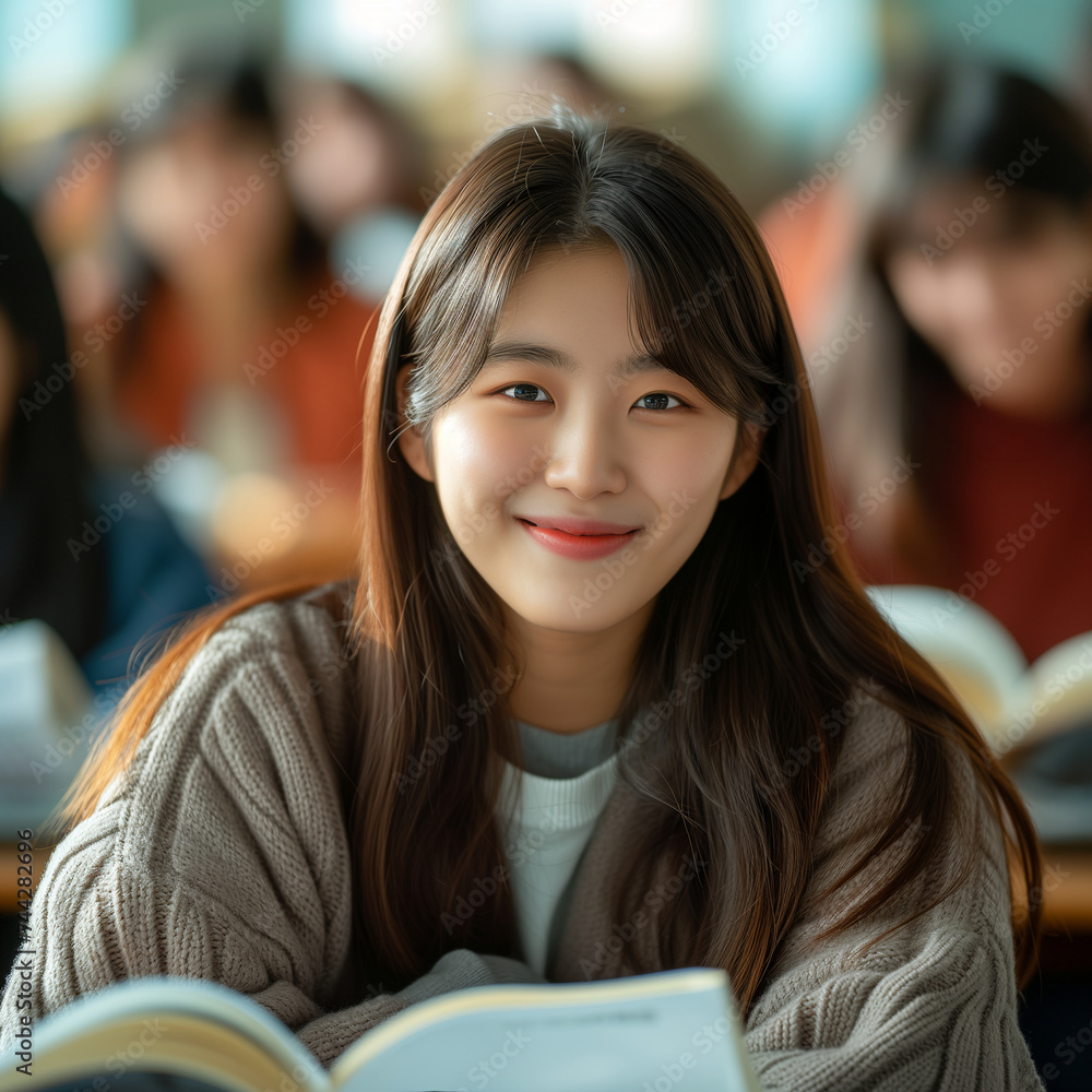 Warm and Friendly Young Woman Student in Classroom Warm and Friendly Young Woman Student in Classroom