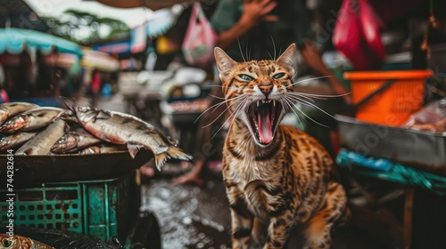 The cat at the market eats fish. A gang of cats trades at the fish market