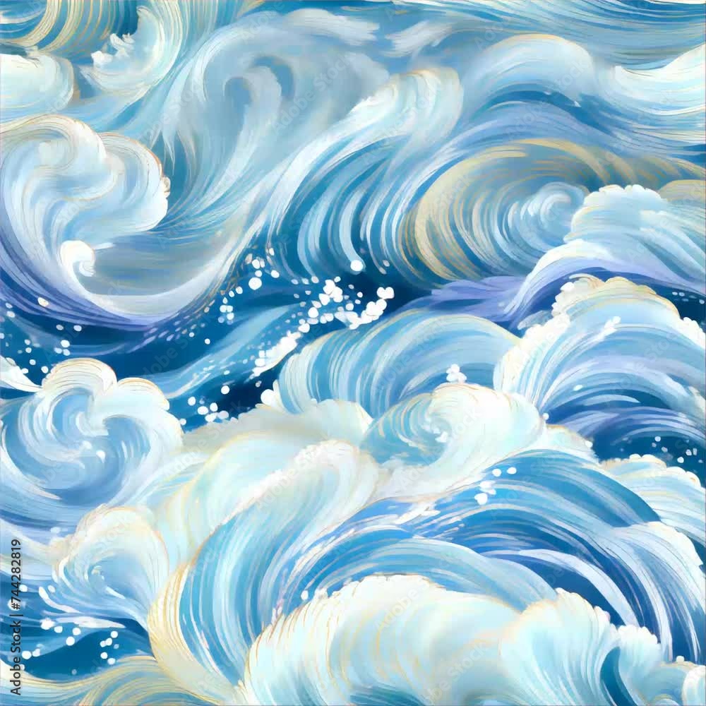 Beautiful artistic illustration looping animation of rolling ocean waves with gold highlights and white splashing sea foam with bubbles and rippling curves Beautiful artistic illustration looping animation of rolling ocean waves with gold highlights and white splashing sea foam with bubbles and rippling curves