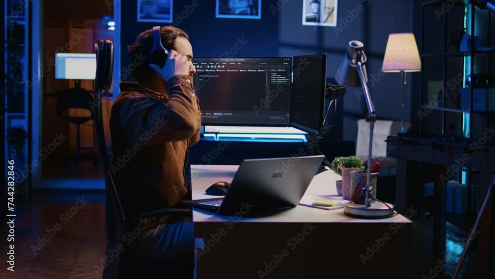 Software programmer taking break from coding, putting headphones on and stretching on desk chair during remote job shift. IT professional pausing tasks, listening music, loosening up, camera B Software programmer taking break from coding, putting headphones on and stretching on desk chair during remote job shift. IT professional pausing tasks, listening music, loosening up, camera B