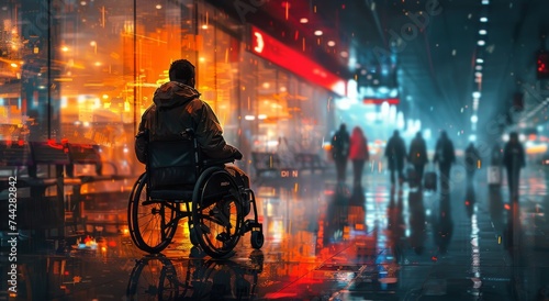 A man in a wheelchair navigates the wet streets of the city, illuminated by the soft glow of streetlights and the occasional flash of lightning, his chair a symbol of both his limitations and his det
