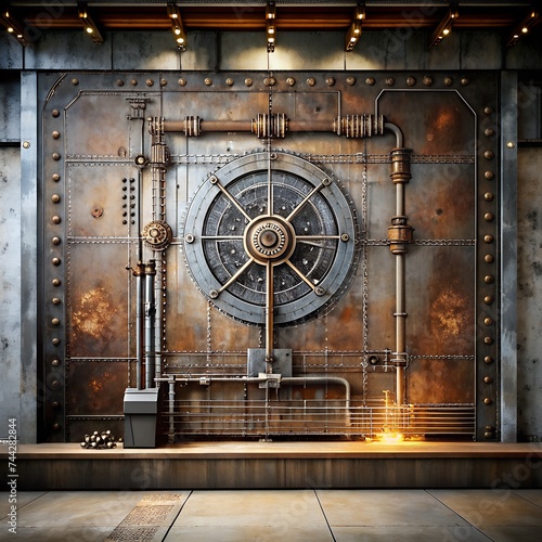 old concrete wall with mechanisms, frontal view, steampunk style, fantasy