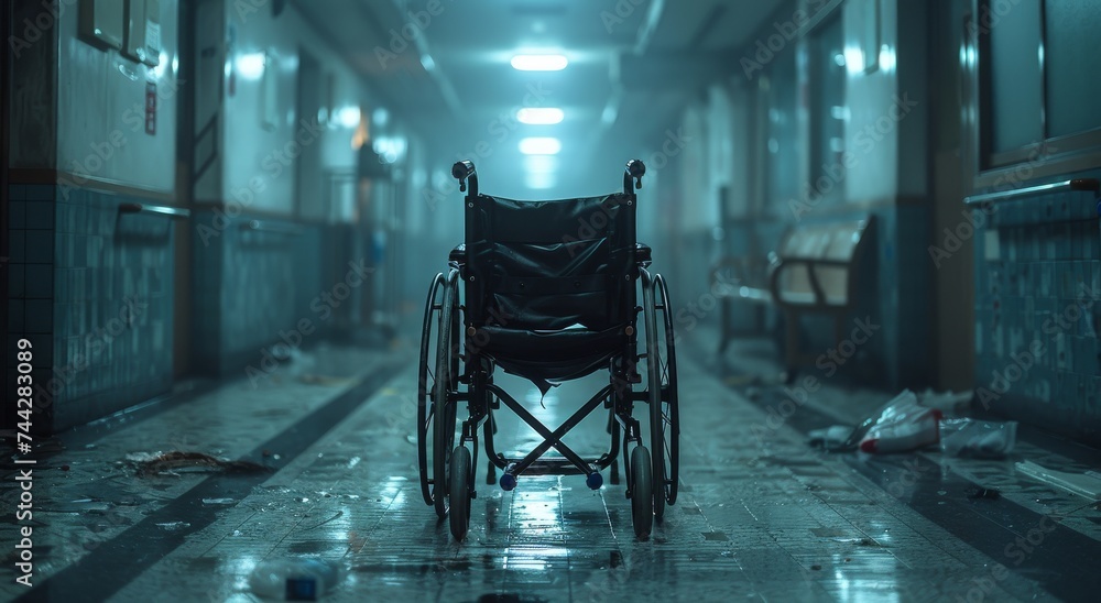Obraz premium A solitary wheelchair sits abandoned in a desolate hallway, its wheels firmly grounded as a symbol of confinement and isolation