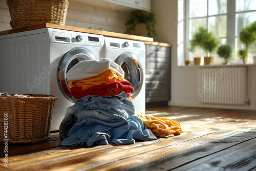Sunny Laundry Room with Colorful Clothes and Washing Machine