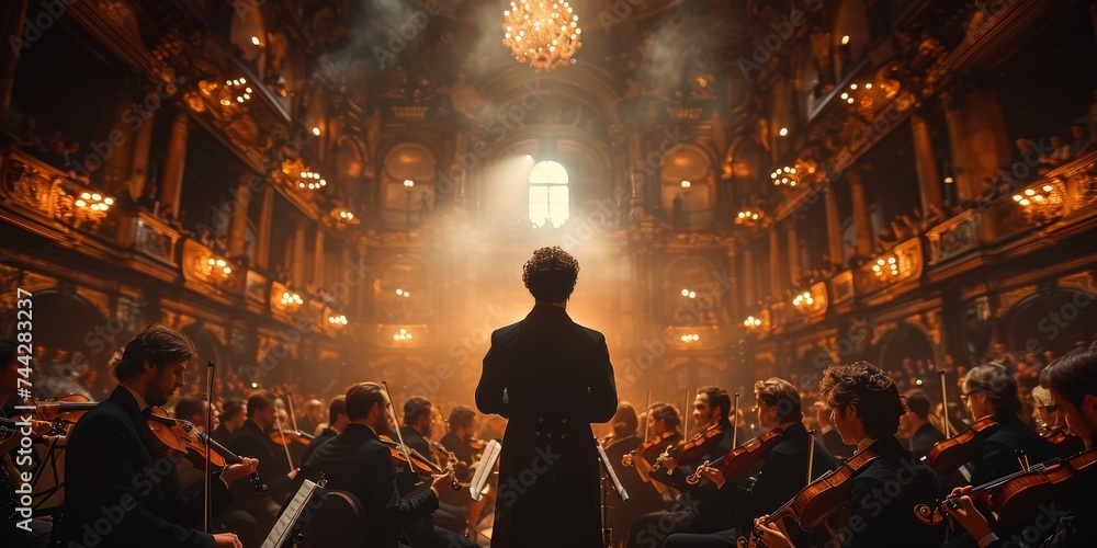 A stylishly dressed man leads a lively concert as people in vibrant clothing play their instruments in a grand room filled with the soulful sound of music
