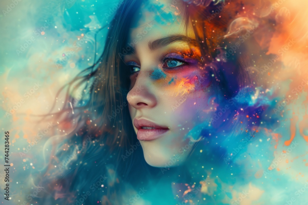 Woman's portrait with cosmic space elements merged