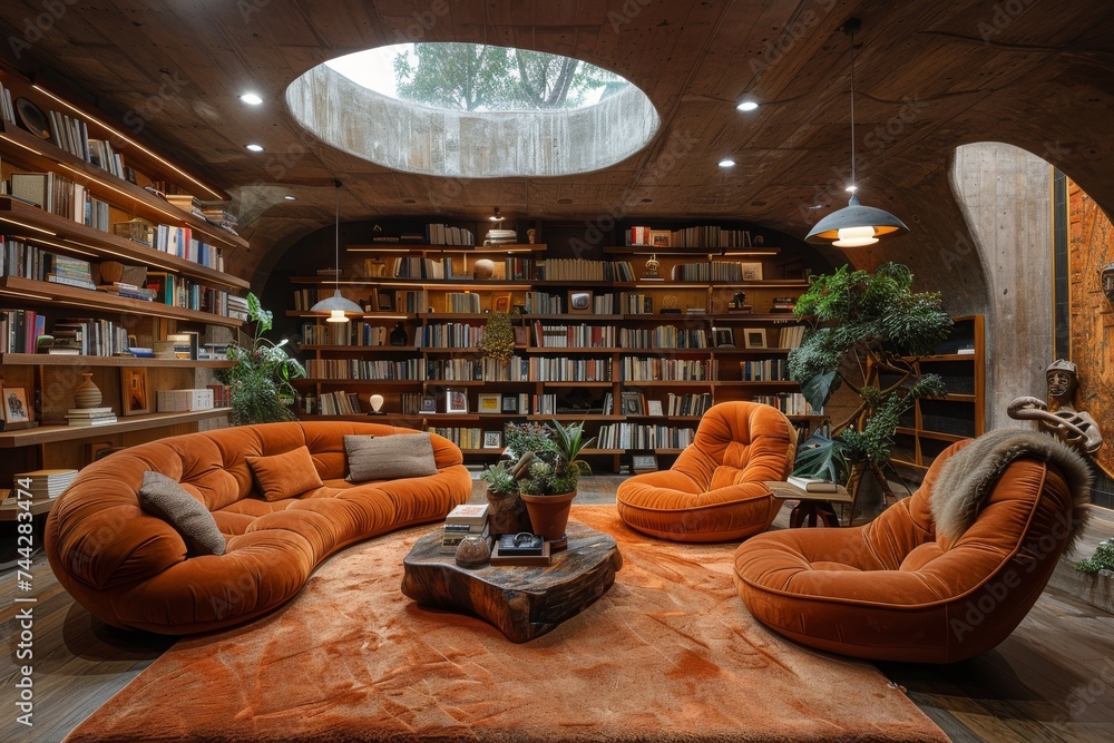 Immerse yourself in a cozy, book-filled sanctuary as you lounge on a studio couch under a stunning round ceiling adorned with floor-to-ceiling bookshelves and lush houseplants
