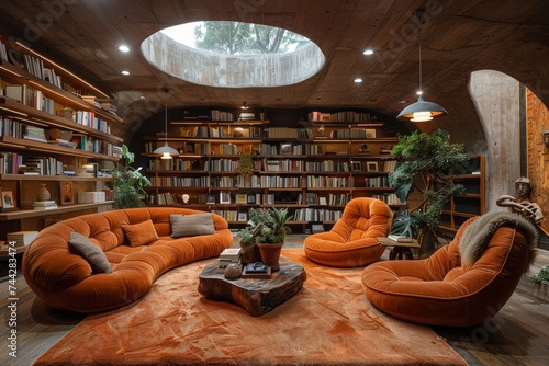Immerse yourself in a cozy, book-filled sanctuary as you lounge on a studio couch under a stunning round ceiling adorned with floor-to-ceiling bookshelves and lush houseplants