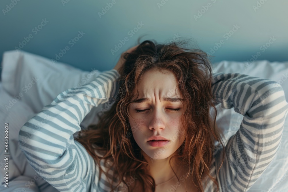 Woman with headache in bed Woman with headache in bed