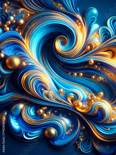 Abstract Blue Background Wallpaper with marble and gold stripes. Wall Art for Home Decor  Fractal Texture Pattern Design for mobile cell phone and computer