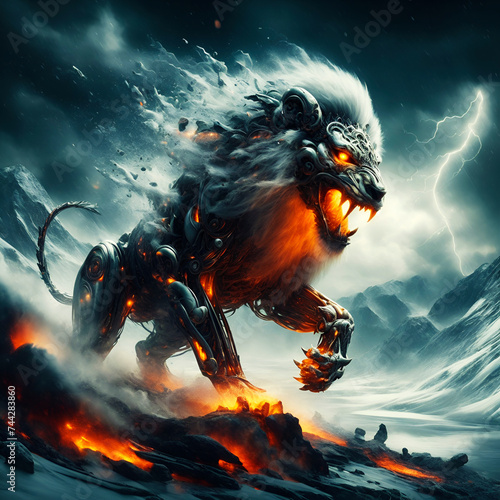Futuristic sci-fi portrait of bio-mechanic lion roaring, background is snow mountains and lava, explosion, smoke and fire, black clouds, thunderbolt and lightning, cool wall art and wallpaper