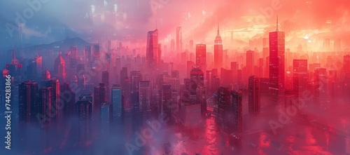 The towering skyscrapers of a foggy city create an urban landscape filled with a sense of both awe and claustrophobia photo