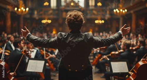 A violinist stands before an orchestra, their arms outstretched in anticipation as they prepare to lead the concert with their classical music and masterful bowing