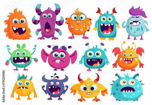 Colorful, unique cartoon monsters with various expressions