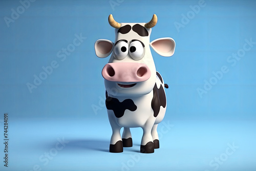 3D cartoon-style cow, black and white spots, friendly expression, on a blue background