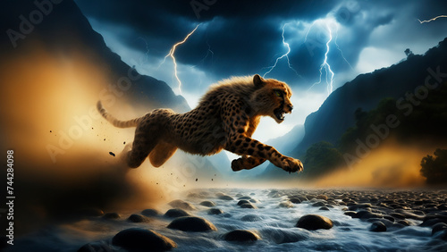 cheetah leopard jumping over creek, background is black clouds, thunderbolt and lightning, cool wall art and wallpaper