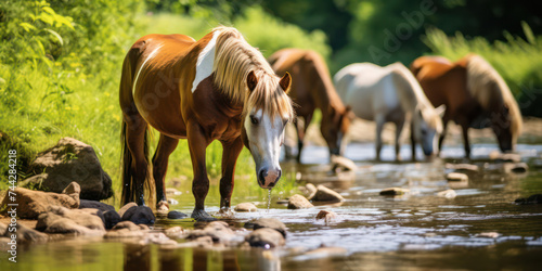 Horses grazing peacefully in a picturesque, green meadow beside a serene, flowing river - "Tranquil Waters: Majestic Horses in the Wild Meadow". © SHOTPRIME STUDIO