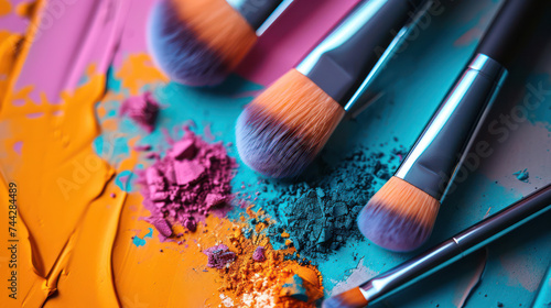 Professional Beauty: Powder Brush and Colorful Eyeshadow Palette on Pink Background