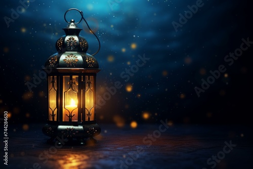 Ramadan lantern moon background. Night lamp holy evening moon. Generate Ai