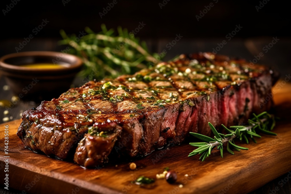 Grilled steak seasoned with spices on a wooden plate Grilled steak seasoned with spices on a wooden plate