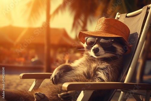 Adorable Raccoon Wearing a Fashionable Straw Hat and Cool Sunglasses Relaxing on a Comfy Beach Chair, Delighting in the Warm Sunshine and Tranquil Ocean Breeze on its Well-Earned Summer Getaway photo