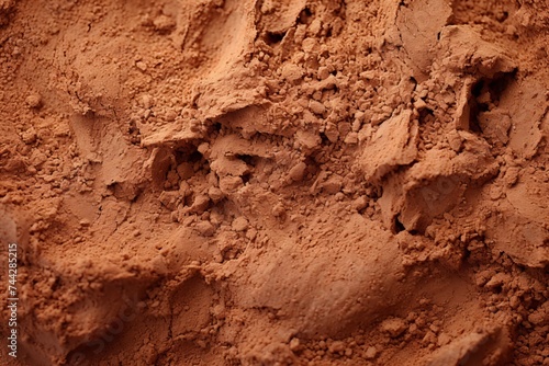 Close-up view of cocoa powder scattered on a solid brown surface, forming an intricate and captivating texture with a range of brown tones and a visually pleasing design
