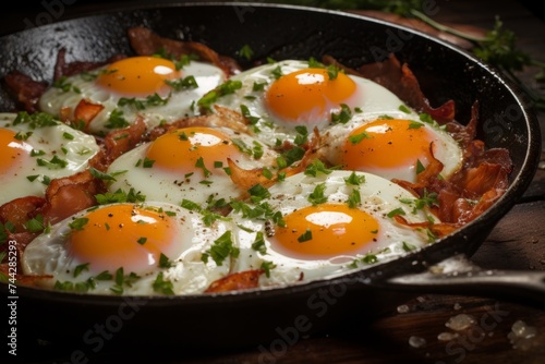 Sunny-side-up eggs and crispy bacon in a cast iron skillet on a wooden table, creating a delicious breakfast scene perfect for a cozy morning at home or a rustic brunch with friends.