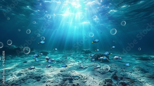 nderwater Ocean Blue Abys With Sunlight and fish photo