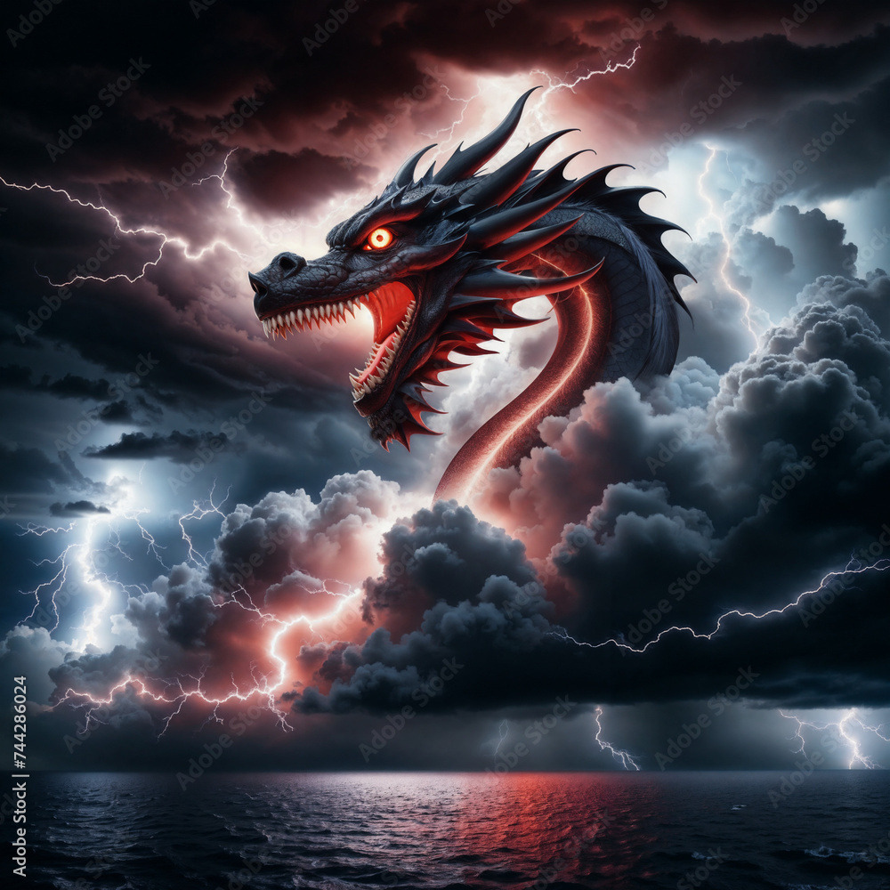 in the storm clouds of the ocean, surrounded by flashes of lightning. Oriental New Year's dragon in the storm clouds of the ocean, surrounded by flashes of lightning. Oriental New Year's dragon