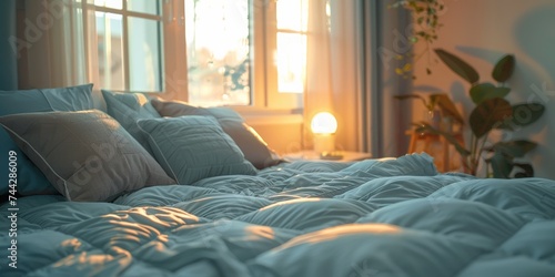 Inviting bedroom scene with warm sunlight over a soft blue quilted comforter