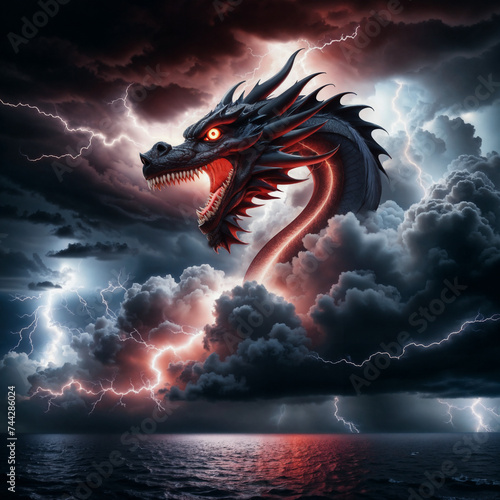 in the storm clouds of the ocean, surrounded by flashes of lightning. Oriental New Year's dragon photo