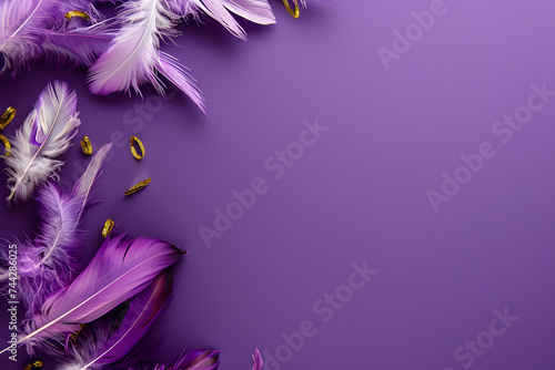 Feathers on a purple background, suitable for design with copy space, Mardi Gras celebration. © Prasanth