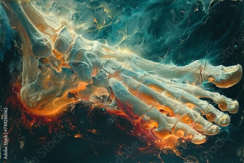 A fiery depiction of the ocean's depths, showcasing a skeletal foot surrounded by marine invertebrates and brought to life through vivid painting