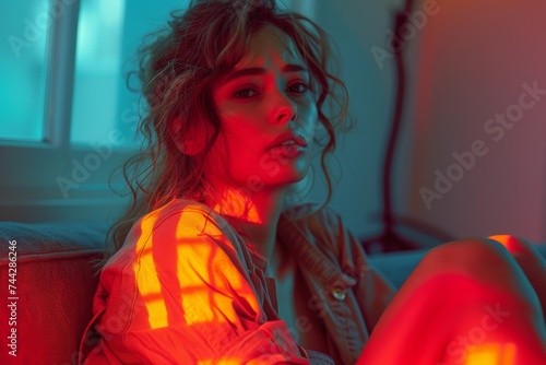 A woman's contemplative gaze is bathed in the vibrant hues of red and blue, casting a striking contrast against the plain indoor setting as she sits on a couch, her clothing a reflection of her dynam