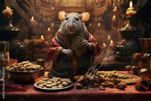 Traditional Chinese new year rat. Oriental mouse figurine in culture Asian clothes. Generate ai