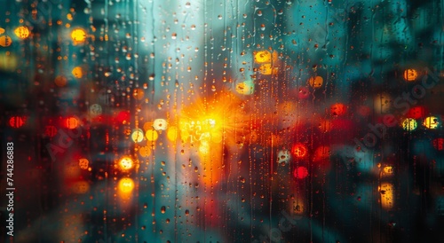 An abstract display of colorfulness as raindrops blur against an amber light on a window, capturing the mesmerizing beauty of a rainy night