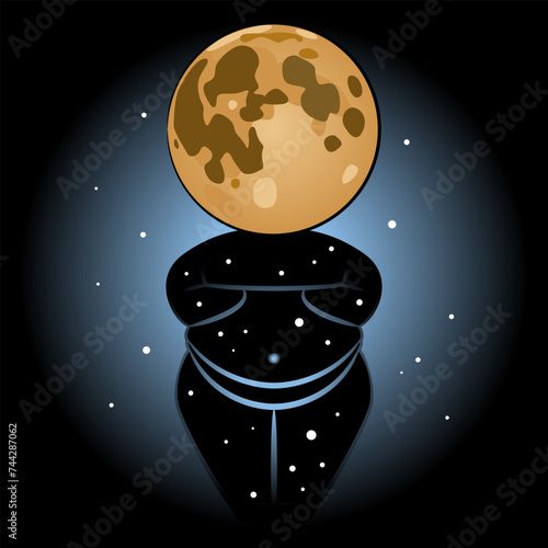 Lunar night goddess. Selene, Nyx or Hecate. Neolithic female figurine with full moon as her head. Creative mythological concept.