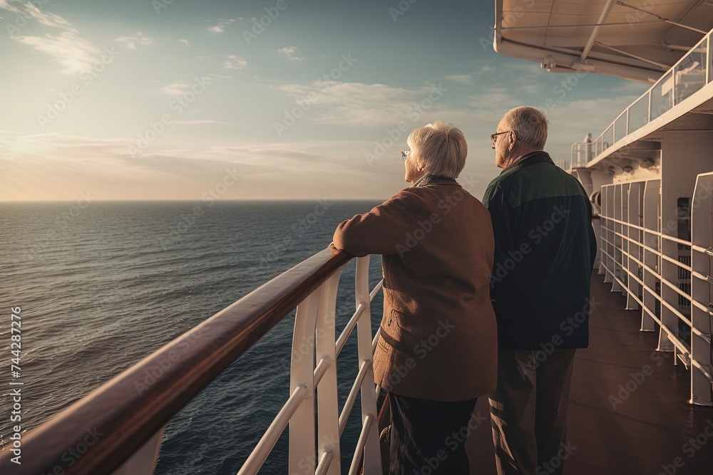 Beautiful elderly couple walks along the deck of a cruise ship enjoying the view of the sea. Beautiful old age. Travel