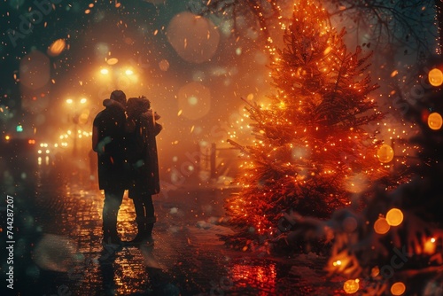 Amidst the winter's night, a couple shares a tender kiss under the glow of a fire, surrounded by towering trees and the serene beauty of the snow-covered outdoors