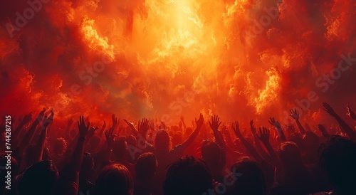 Amidst the swirling smoke and blazing heat, a group of people raise their hands in surrender, illuminated by the fiery flares and bursting fireworks above