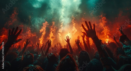 A fiery scene of surrender as a sea of people raise their hands, illuminated by flares, feeling the intense heat of the moment