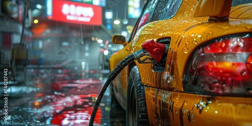 A vibrant red car parked on a rain-soaked street, with a yellow hose connecting it to a gas pump outside a building, under the soft glow of city lights